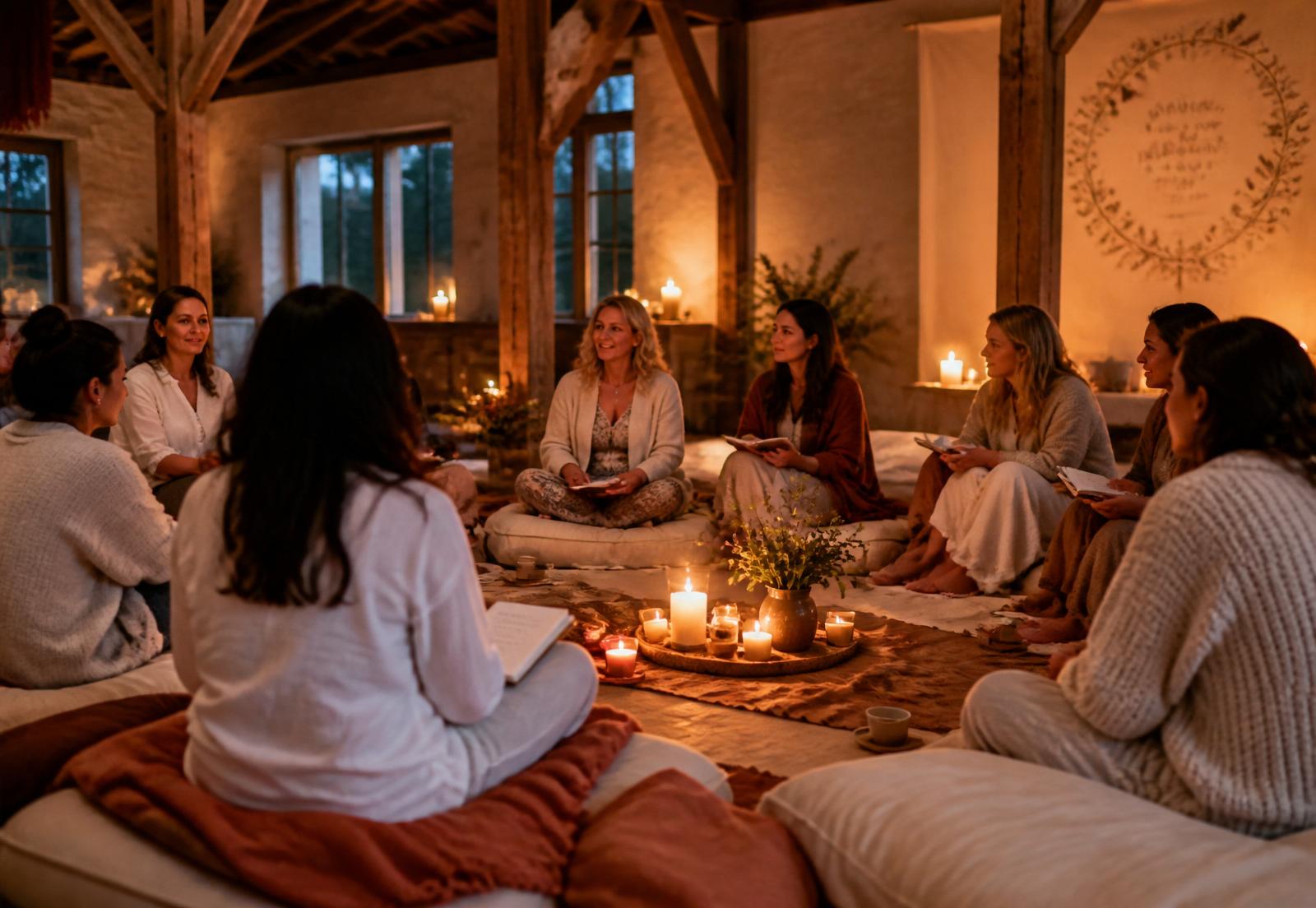 Women gathered in a candlelit retreat workshop